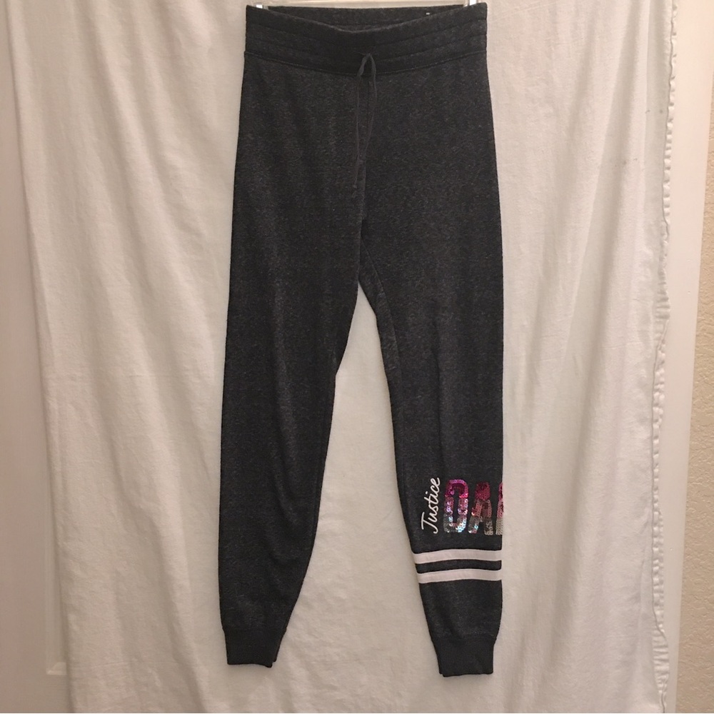 🩷Justice size 10 charcoal joggers, pink & silver sequin DANCE leg detail.